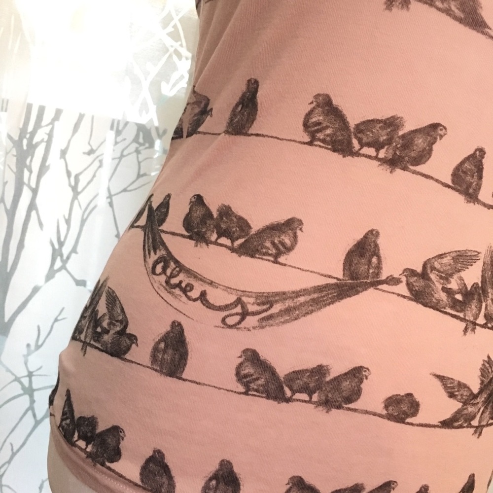 Obey LOW OPEN BACK pink birds on a wire shirt top - Picture 2 of 5